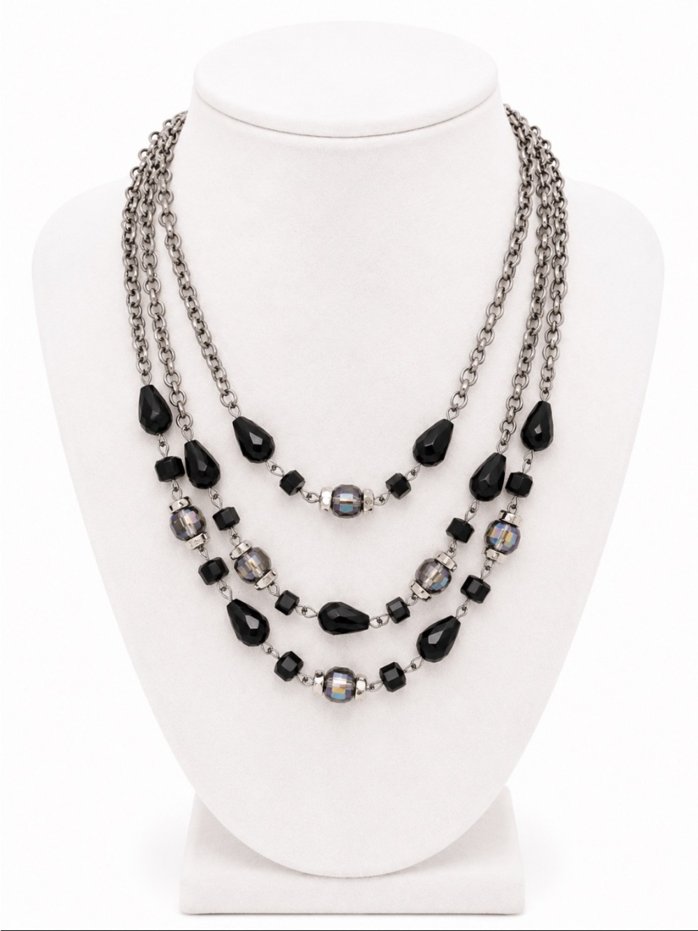 Black Crystal & Silver-Tone Multi-Strand Layered Statement Necklace